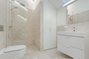bathroom with vanity and shower